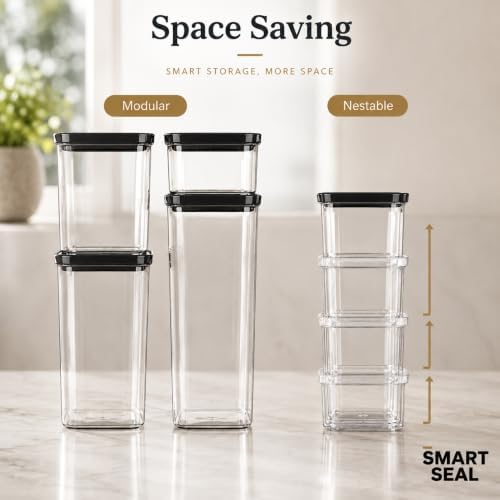 Neoflam Smart Seal Airtight Food Storage Containers Set of 3, 0.73L Pantry Containers for Cereal, Flour, Rice & Dry Food, Stackable BPA-Free Clear Canisters with Twist Lock Lids, Black, 25 oz