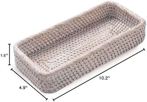 Rattan Bathroom Vanity Trays Toilet Tank Baskets Long Narrow Hand Towel Storage Basket for Storage, Decorative (Whitewas