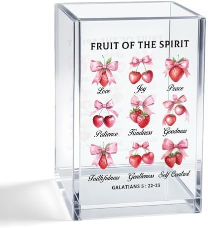 Fruit of The Spirit Acrylic Cosmetic Pencil Pen Holder Cup, Christian Faith-Based Gifts for Mom Grandma Aunt Daughter Women, Spiritual Growth Gifts for Colleague Coworker Boss Leader Lady