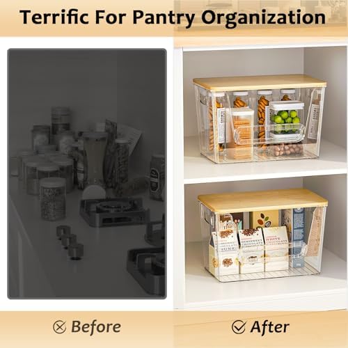 Delamu 4 Pack Pantry Organizers and Storage,Trash Bag Dispenser with Bamboo Top,Stackable Trash Bag Dispenser Under Sink