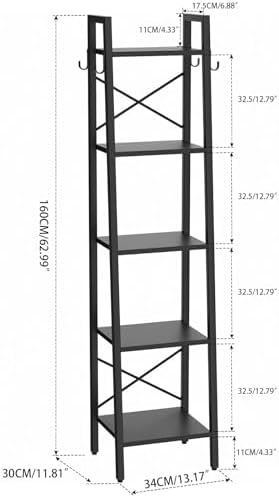 YMYNY 5 Tiers Ladder Bookcase, Industrial Narrow Bookshelf, Open Display Rack with 4 S Hooks, Metal Storage Shelves for 