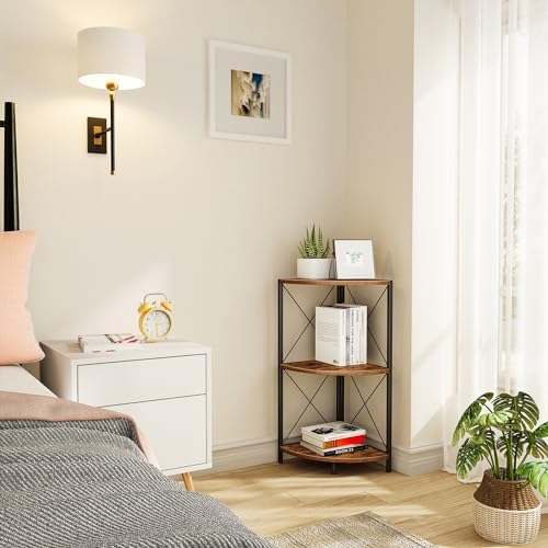 Snughome Corner Shelf with Metal Frame, 3 Tier Rustic Corner Storage Organizer, Freestanding Corner Bookshelf Stand Disp