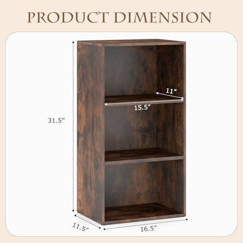 POWERSTONE 3 Tier Bookcase, Small Open Bookshelf, Wooden Storage Book Shelf with Adjustable Panels for Living Room, Home