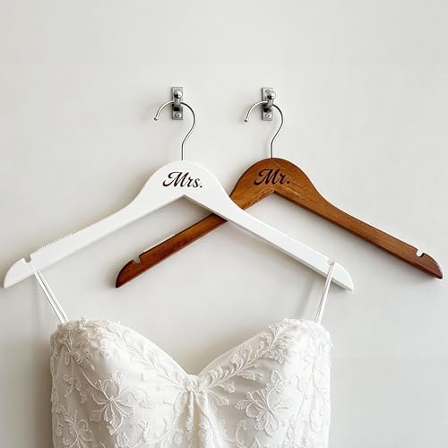 2 Pcs Bride Wedding Dress Hanger Wooden Groom Suit and Gown Non-Slip Hangers Bridal Party Shower Gift (Mr. and Mrs.)