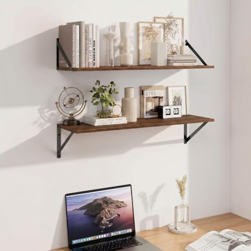Heimlove Black Deep Floating Shelves for Wall, 29.92W x 8D Wood Wall Shelves Set of 2, Wide Floating Bookshelf for Livin