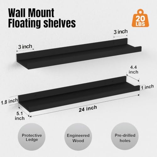 24inch Long Floating Shelves for Wall Decor, 5-Set Shelves with Lip, Black