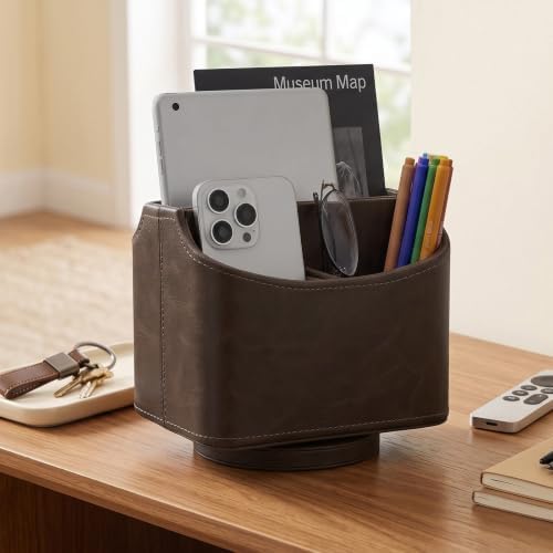 UnionBasic Rotating Desk Organizer, 360 Desk Spinning Caddy, Desktop TV Guide/Mail/Media/Remote Controller Holder Organizer, Brown - Printed Oil Leather