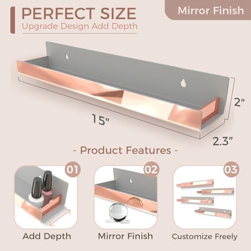 4 Pack 15 Inch Rose Gold Reflective Acrylic Floating Wall Shelves
