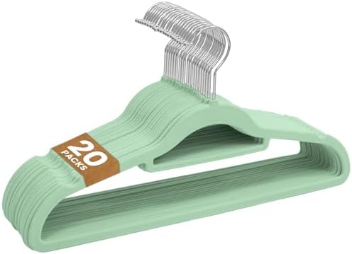 Velvet Hangers 20 Pack - Non-Slip Clothes Hangers with 360° Swivel Hook & Tie Organisers, Slim, Space-Saving Closet Hangers for Coats, Suits & Dresses - Wardrobe Organiser (Mint Green)