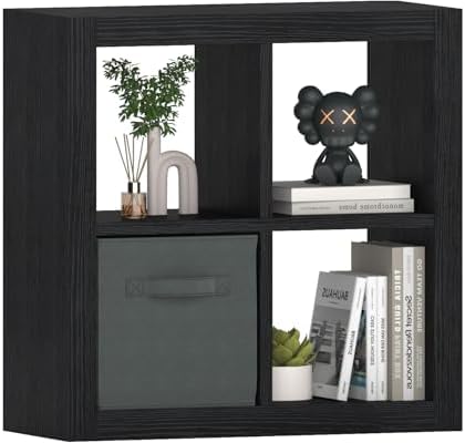 furtble Bookshelf with Storage Bin, 4-Cube Storage Organizer, Modern Wood Open Bookcase, Multifunctional Display Shelf f