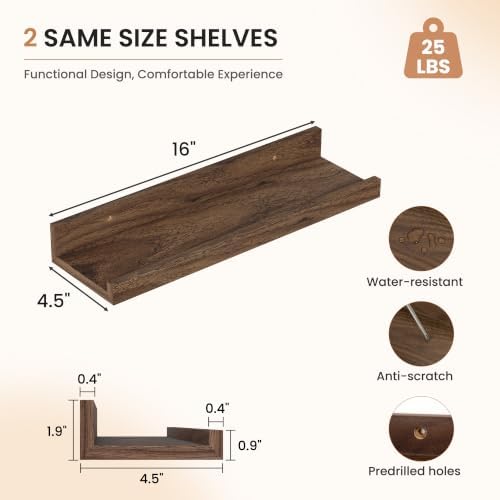 Dreamland Picture Ledge Shelf for Wall, Floating Shelves Set of 4,16 inch Long Floating Shelves with Lip for Living Room,Bedroom,Bathroom,Kitchen,Walnut