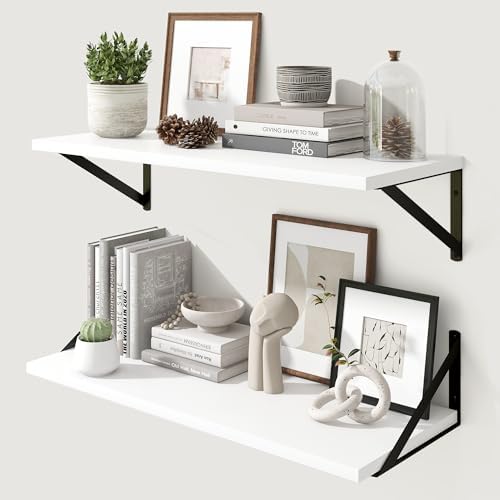 Marsmiles Deep Floating Shelves, 30'' x 12'' White Wood Shelves Set of 2