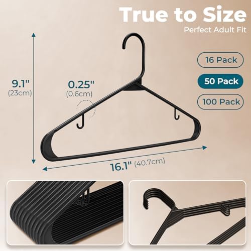 HOUSE DAY Black Plastic Hangers 50 Pack, Slim Space-Saving Clothes Hangers