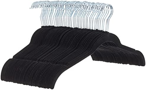 Amazon Basics Space-Saving Slim Velvet Non-Slip Clothes Hangers for Closet Organization, Sturdy with Shoulder Notches, Black, 50-Pack