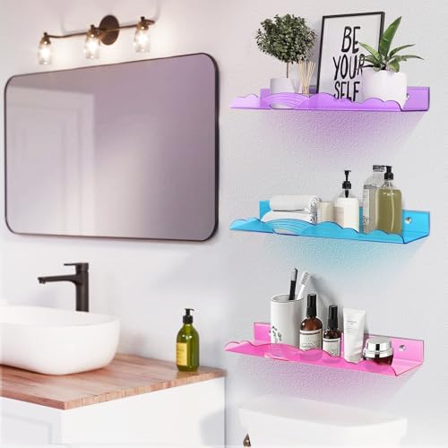 Rainbow Acrylic Floating Shelves, Wall Mounted, 15in, 4 Pack, Mix