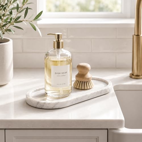 Natural Marble Vanity Tray Waterproof Italy Stone Bathroom Organizer for Perfume, Candles & Jewelry Non-Slip Oval Storag