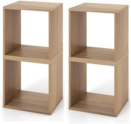 GIANTEX 4 Cube Bookshelf Organizer, 2-Tier Stackable Cube Storage Organizer, Small Wooden Open Book Shelf with Anti-topp