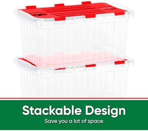 Superio Red Storage Box with Red Hinged Lids, Plastic Container Bins for Organizing with Attached Lid, Stackable Crates,