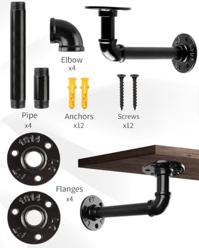 MUZIK 4Pcs 7"×4" L Pipe Shelf Bracket, Heavy Duty Wall Mount, DIY Shelving