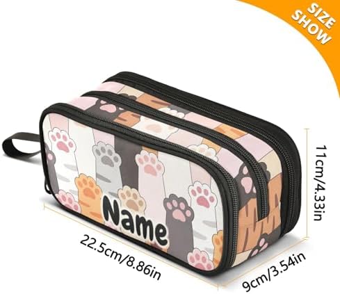 Custom Cat Paw Prints Pencil Case Box Boys Girls Personalized Name Large Pencil Pouch Stationery Pen Bag Organizer for Kids Adults School Office