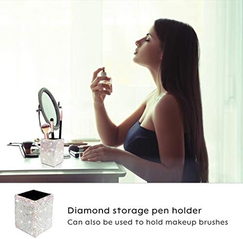 Crystal Pencil Pen Pot Holder Box Bling Rhinestone Pen Organizer Holder Cosmetic Pencil Container Comb Brushes Personalized (Square AB Color)