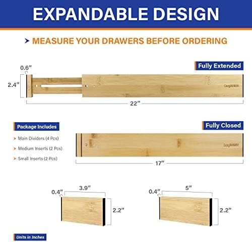 Adjustable Bamboo Drawer Dividers for Clothes, Kitchen Utensils, Office Desks, Bathroom Accessories, Socks and Underwear