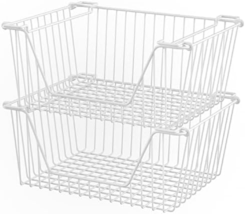 Slideep 14'' Large Stackable Storage Baskets Cabinet Organizer Sturdy Metal Wire Pantry Freezer Bin for Pantry Home Bath