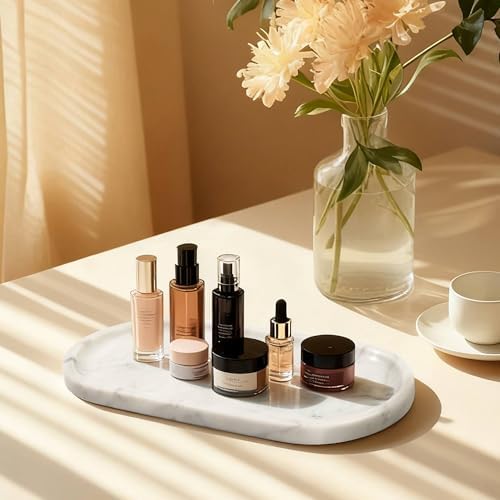 Natural Marble Tray for Vanity, 2" L x 6" W White and Gray Marble Tray with 4 Non-Slip Silicone Gaskets, Decorative Tray