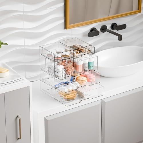 Yieach Clear Stackable Storage Drawers - Set of 6 - Acrylic Drawers,Bathroom Organizer Bin and Plastic Makeup Organizer,