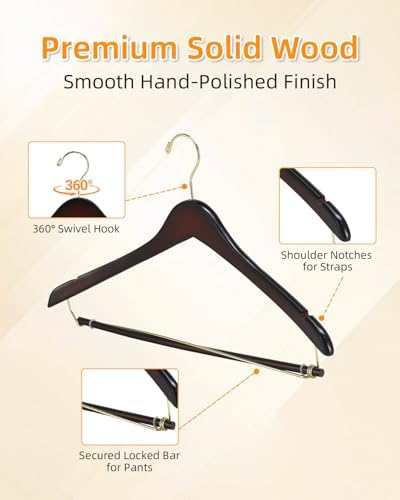 Wooden Suit Hangers 10 Pack, Premium Solid Wood Coat Hangers with Locking Pants Bar, 360° Swivel Hooks and Shoulder Notches, Dark Walnut Wood Hangers for Closet, Suits, Coats, Jackets