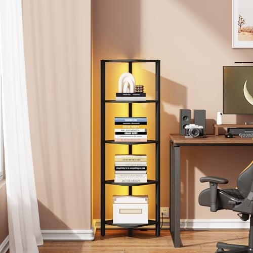 TUTOTAK Corner Shelf with LED Light, 5-Tier Corner Bookshelf