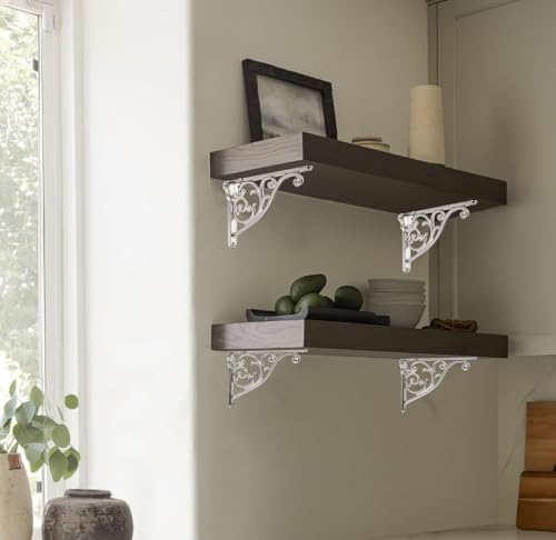 Ornate Decorative Shelf Brackets 5x3.5 inch Small Wall Mounted Shelving Bracket 4 Pack Brushed Nickel Vintage Shelf Brac