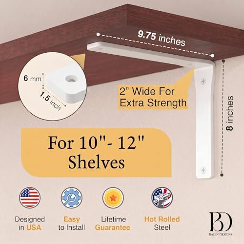 4 Pack Heavy Duty White Shelf Brackets 10 Inch by Balin Designs – Decorative L Bracket for Shelves, Metal Shelf Support 