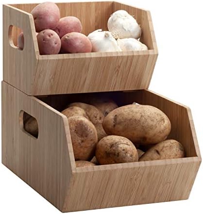 MobileVision Bamboo Storage Bins for Pantry & Kitchen Cabinet Organizer Multi-Purpose 2 PC Stackable Set for Canned Good