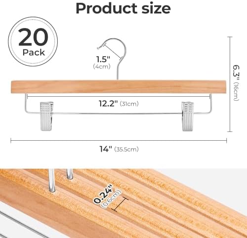 HOUSE DAY Wooden Pants Hangers with Clips, 20 Pack Skirt Hangers, Natural