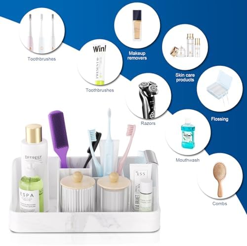 Marble Bathroom Countertop Organizer - Silicone Bathroom Vanity Countertop Organizer - Tooth Brush Organizer With 2PCS Q