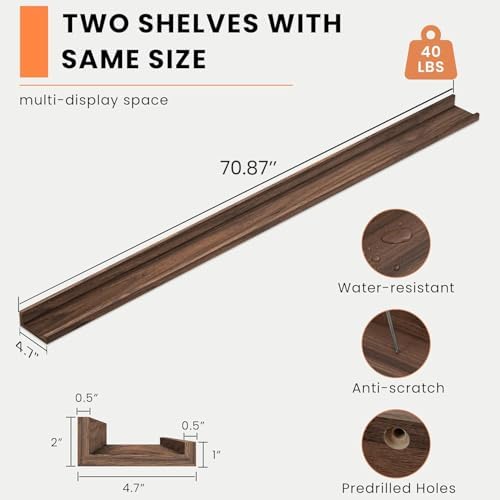 Heimlove Picture Ledge Shelf, Floating Shelves Set of 2, 72 Inches Long Large Picture Shelf for Wall with Ledge, Kids Bookshelf Wall Mounted for Living Room Bedroom Decor Books Photo Frames, Walnut
