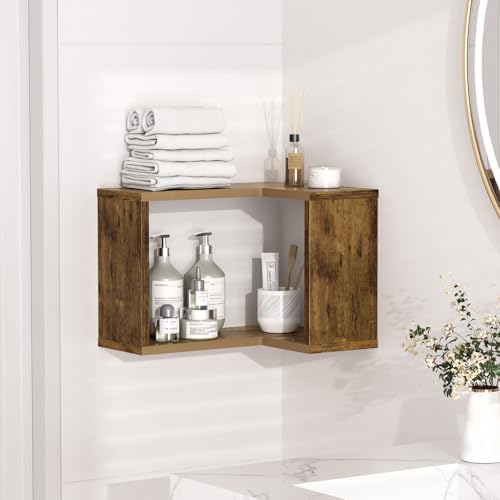 Floating Corner Shelf, 2-Tier Floating Shelf for Wall, Wood Floating Book Shelf for Living Room, Bedroom, Bathroom, Home