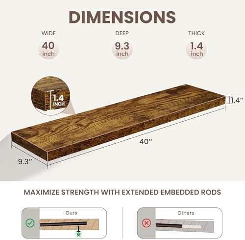 Floating Shelves for Wall,40 Inch Long Floating Shelves Set of 2,9.3" Deep Floating Shelf for Home Decor,Wall Mounted Bo