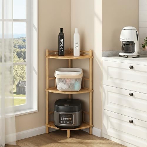 3-Tier Expandable Bamboo Corner Shelf Stand,Corner Bookshelf, Display Storage Shelves with Open Shelves, for Organizatio