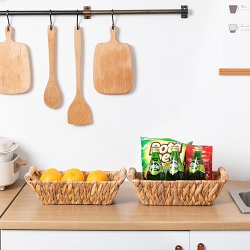 Small Wicker Baskets for Organizing, Water Hyacinth Wicker Storage Basket with Handle, Pantry Baskets for Shelves, Toile
