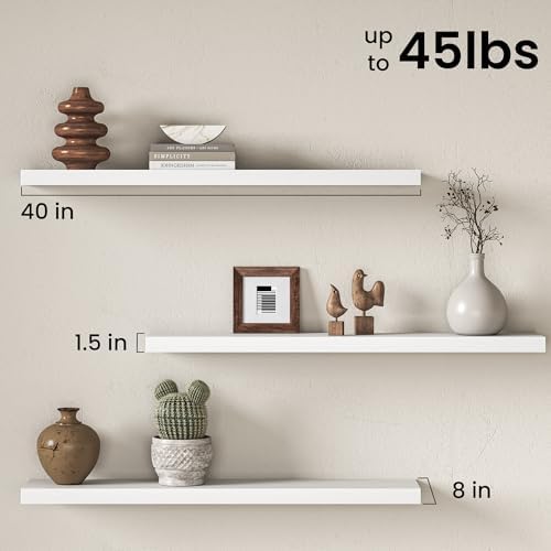 40" Floating Shelves for Wall, Set of 2, 8" Deep, 1.5" Thick, White