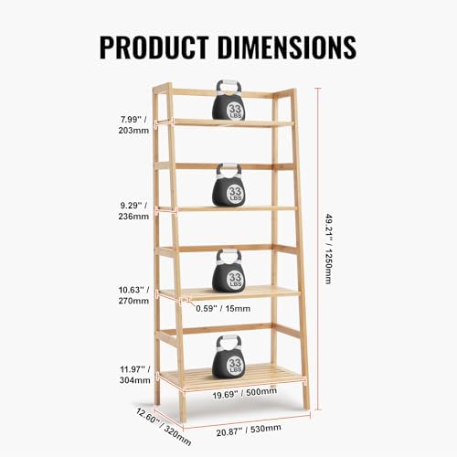 VEVOR 4-Tier Bamboo Ladder Shelf, Trapezoid Open Bookcase, Display Storage Rack Organizer, Freestanding Flower Plant Sta
