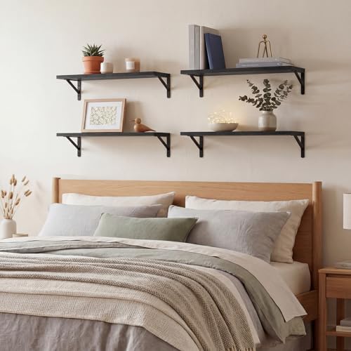 YGEOMER 23.6 in Floating Shelves for Wall Home Decor, Black, Wood, Set of 4
