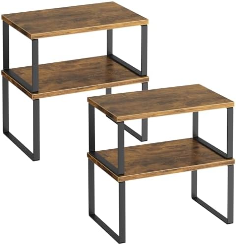 Kitchen Cabinet Organizer Shelf Set of 4, Sturdy Kitchen Counter Shelves with Metal Legs, Stackable Expandable Wood Spic