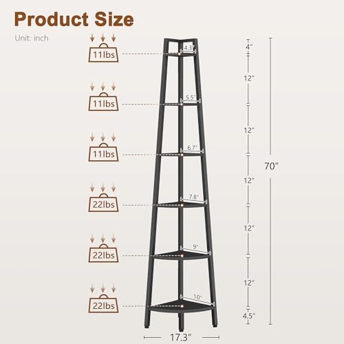 Hoctieon Corner Shelf, 6-Tier Corner Bookshelf, Rustic Ladder Shelf, Industrial Display Stand for Living Room, Kitchen, 
