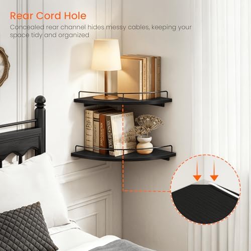 Homode 3 Tier Corner Floating Shelves, Wooden Corner Shelf Wall Mount 9/10/12 Inch with Guardrail, Rounded Hanging Corne
