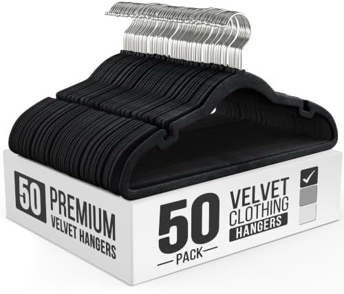 Our Modern Space 50 Pack Velvet Hanger for Shirt Pants Dresses Skirts Suits Jackets - Slim Space Saving Design - Standard Coat Hanger - Sturdy & Durable Design with Shoulder Grooves Hook