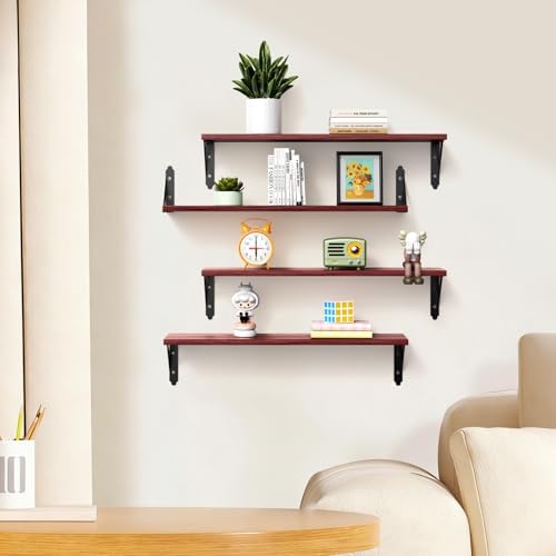 ROMGUAR CRAFT Wood Wall Floating Shelves Set of 4, 23.6" x 6" - Red