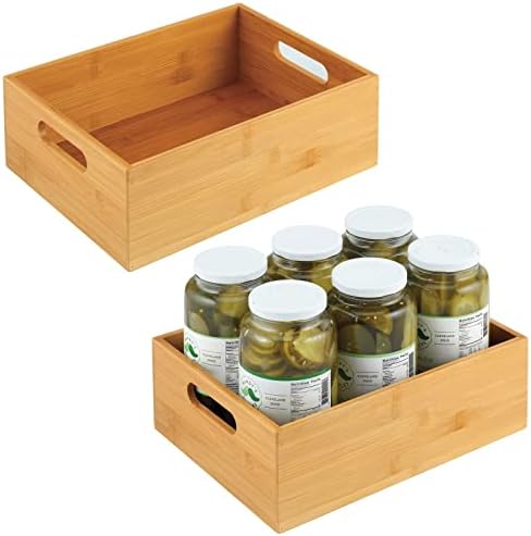 mDesign Kitchen Storage Box - Large Wooden Box with Handles - Bamboo Kitchen Utensil Storage Box - 12" x 9" x 4" - Set o